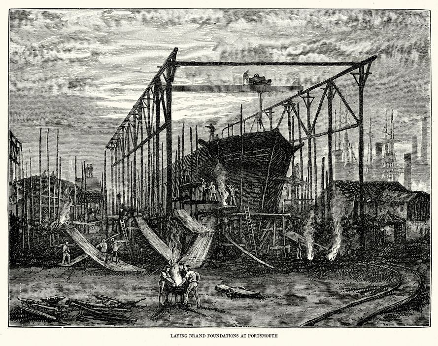 19th Century drawing of the hull of a ship being built in a shipyard. Captioned "Laying brand foundations at Portsmouth."