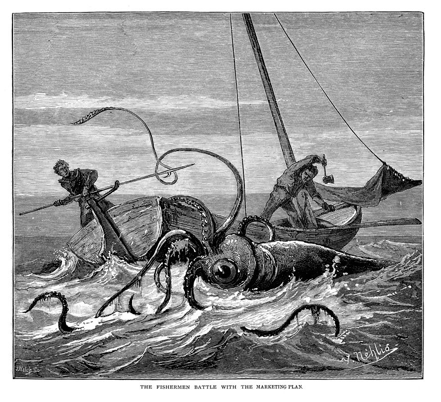 19th Century line drawing of a giant squid attacking a boat while two men attempt to fight it off. Captioned "The fishermen battle with the marketing plan."
