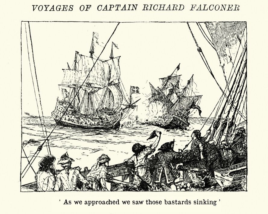 18th Century line drawing of a large ship sinking another ship as a crew of sailors cheer on. Captioned "As we approached, we saw those bastards sinking."