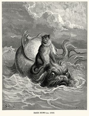 Antique drawing of a monkey standing atop a sea monster meant to be a visualization of Aesop's fable The Monkey and the Dolphin. Caption reads "Fake news circa 1868."